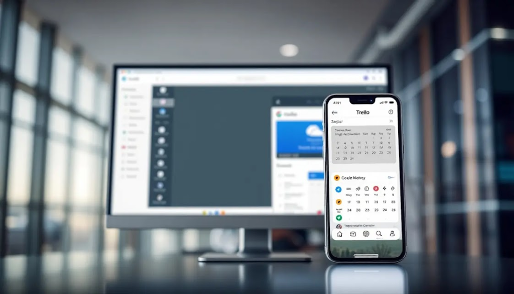 Como Automatizar Tarefas Diárias e Ganhar Tempo com Ferramentas Inteligentes 5 Uma tela de computador e um smartphone exibindo interfaces de ferramentas populares de automação, como Trello, Zapier e Google Calendar, com um fundo tecnológico e moderno.
