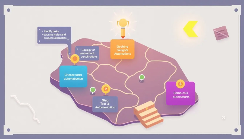 Como Automatizar Tarefas Diárias e Ganhar Tempo com Ferramentas Inteligentes 6 Uma ilustração conceitual de um 'mapa do tesouro' digital, com marcos representando os passos para implementar automação, como identificar tarefas, escolher ferramentas e testar automações.