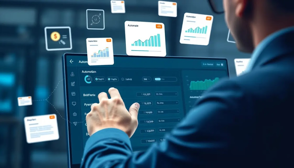 Como Automatizar Tarefas Diárias e Ganhar Tempo com Ferramentas Inteligentes 7 Uma cena estilizada mostrando um profissional ajustando as configurações de automação em um painel digital, com gráficos e notificações flutuando ao redor, simbolizando otimização e controle.
