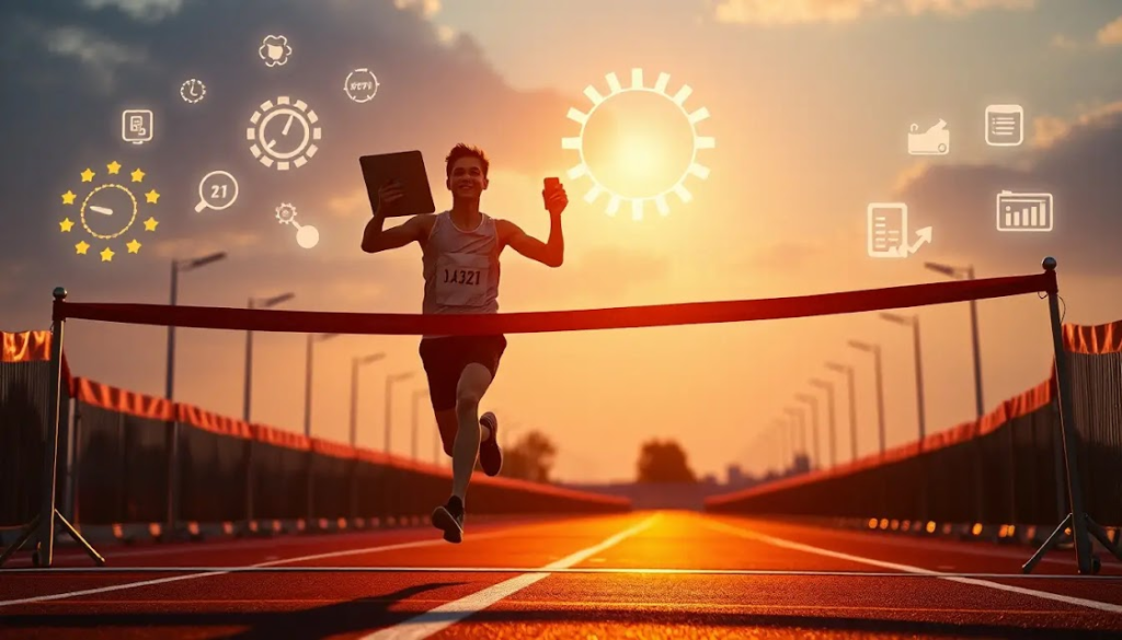 Como Automatizar Tarefas Diárias e Ganhar Tempo com Ferramentas Inteligentes 8 Uma representação simbólica de uma pessoa cruzando a linha de chegada de uma maratona digital, segurando um laptop e um smartphone, com ícones de automação e produtividade brilhando ao fundo, representando o sucesso na otimização do tempo.