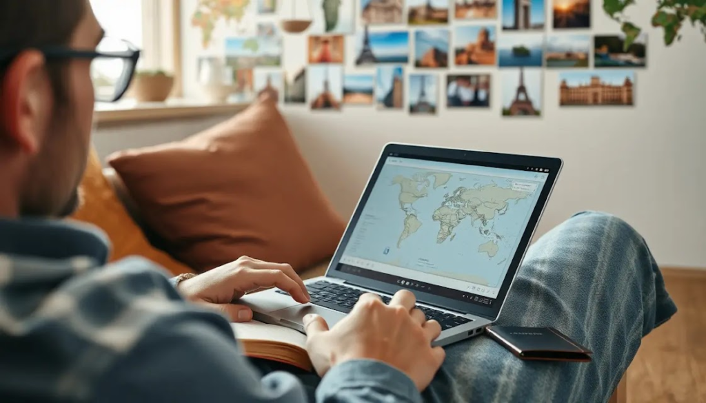 Uma cena detalhada de um viajante em um ambiente aconchegante, planejando uma viagem. Ele tem um laptop aberto mostrando um mapa, anotações em um caderno e um passaporte ao lado. Ao fundo, uma parede com fotos de destinos diferentes, representando a escolha cuidadosa do próximo local.
