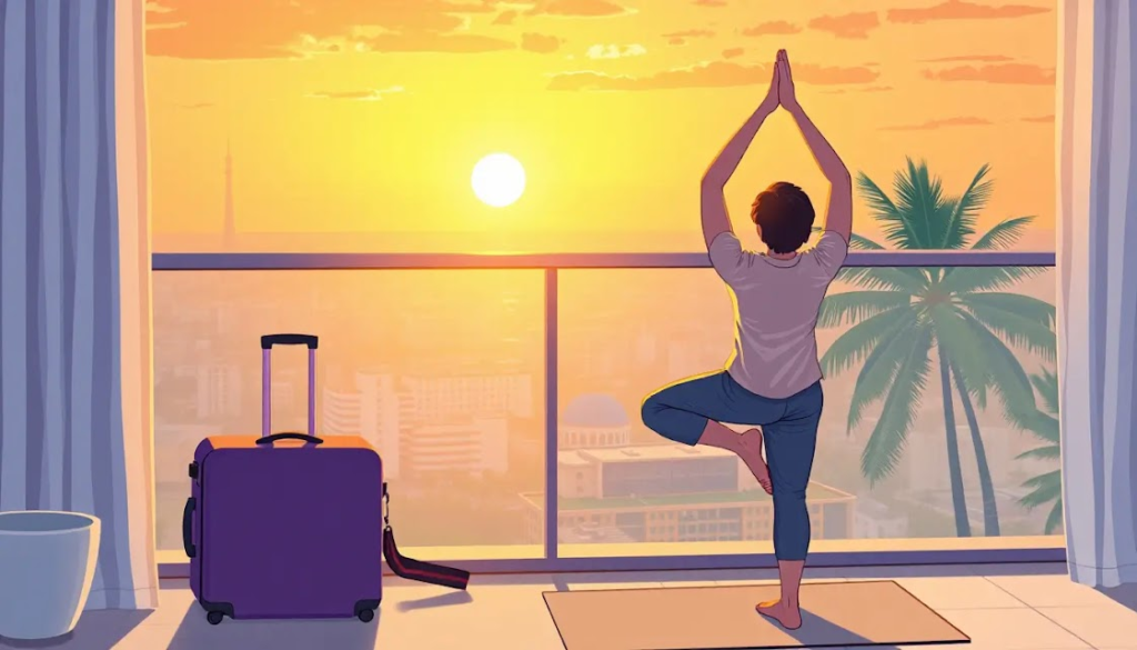 Uma ilustração de um viajante praticando yoga ao nascer do sol em uma sacada de hotel, com uma mala ao lado. O ambiente é sereno, e o cenário de fundo mostra uma cidade ou paisagem tropical, destacando a importância de uma rotina saudável em meio às viagens