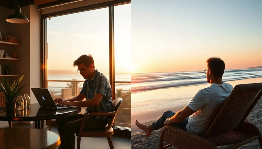 Uma cena dividida ao meio: de um lado, um nômade digital trabalhando com um laptop em um café estiloso; do outro, ele relaxando em uma praia, observando o pôr do sol. A ilustração transmite o contraste entre produtividade e lazer, reforçando a importância do equilíbrio.
