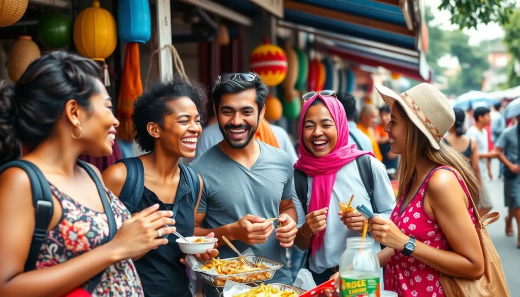 Uma cena vibrante de um grupo multicultural de viajantes e moradores locais rindo juntos em um mercado de rua. Eles compartilham comida e histórias, destacando a importância de conexões sociais para enriquecer a experiência de viagem.
