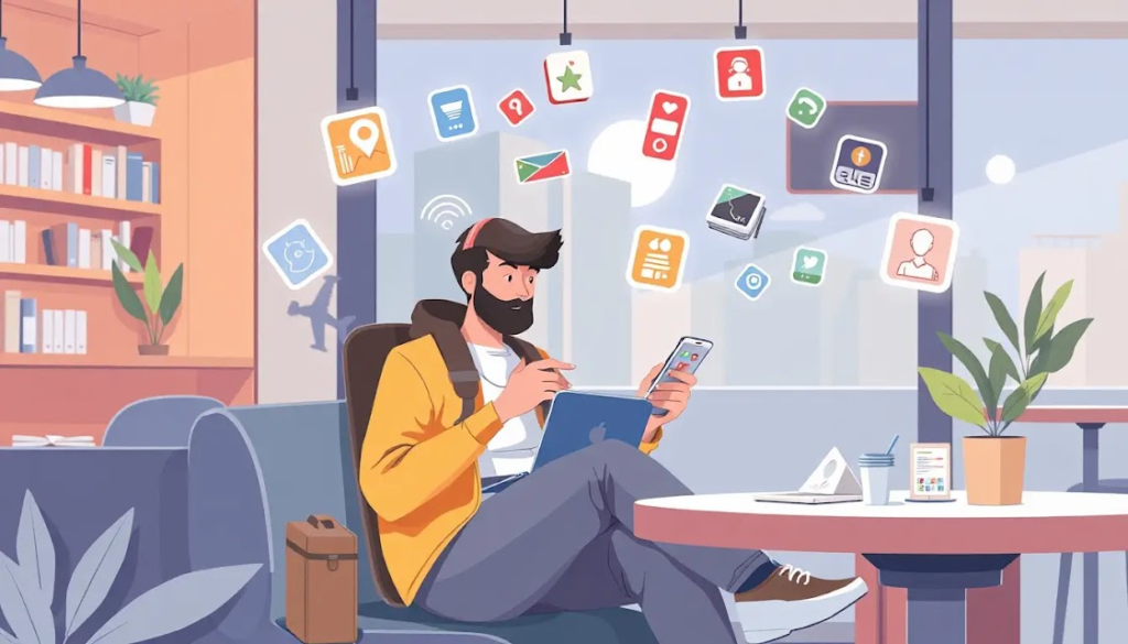 Uma ilustração mostrando um viajante sentado em um café com seu laptop e smartphone, com ícones flutuantes de aplicativos populares como mapas, produtividade, comunicação e meditação ao redor dele. O ambiente mostra uma mescla de tecnologia e praticidade, representando a importância das ferramentas digitais.