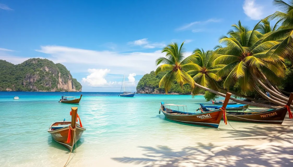 Uma praia paradisíaca de águas cristalinas em Phuket, com barcos tradicionais tailandeses ancorados e palmeiras inclinadas em direção ao mar.