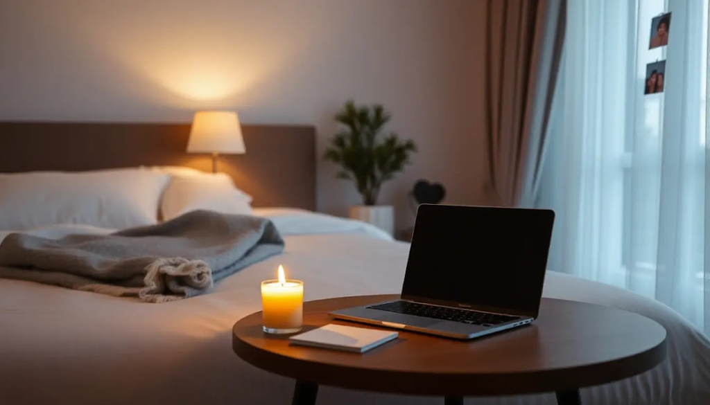 Uma imagem aconchegante de um quarto de hotel ou Airbnb com pequenos toques pessoais: uma vela aromática acesa, uma manta dobrada na cama, um laptop sobre a mesa e algumas fotos familiares presas à parede. A cena transmite conforto e sensação de lar.