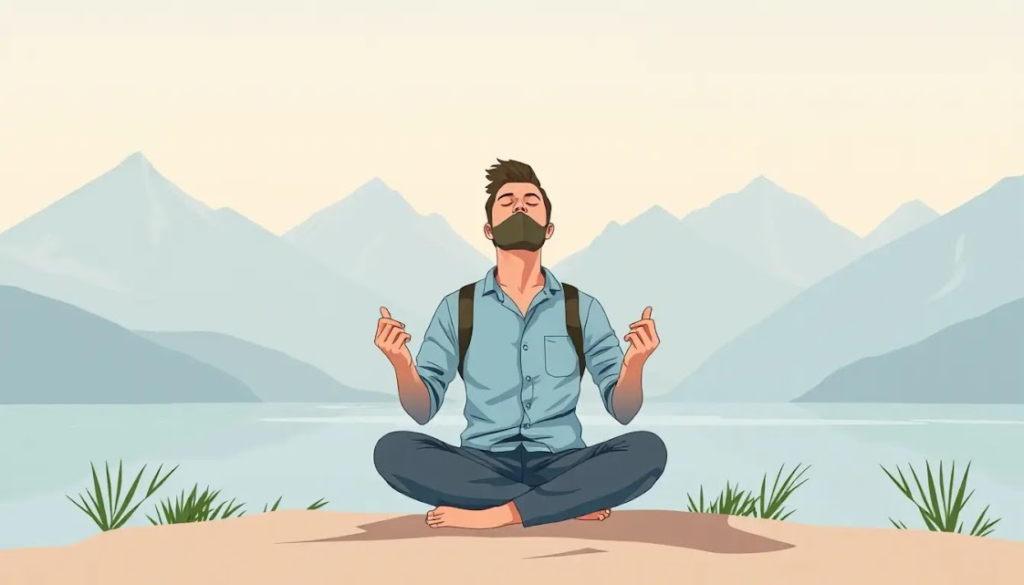 Uma ilustração serena de um viajante sentado ao ar livre, de olhos fechados, praticando meditação. Atrás dele, um cenário natural relaxante, como montanhas ou um lago. O ambiente transmite paz e equilíbrio, simbolizando a importância da atenção plena nas viagens.