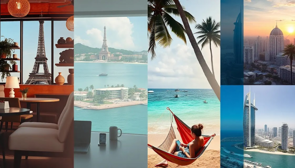 Montagem artística mostrando diferentes nômades digitais em diversos locais ao redor do mundo: um em um café em Paris, outro em um coworking em Bali, uma pessoa digitando em uma rede à beira-mar no México e alguém em uma cidade moderna como Dubai.