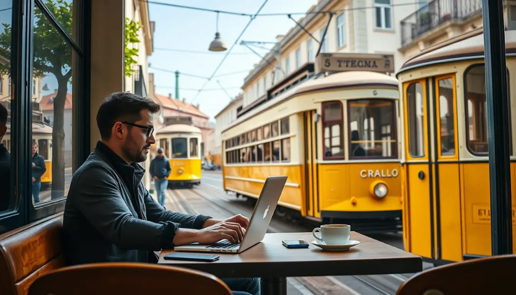 Cena de um nômade digital trabalhando em um café em Lisboa, com o icônico bondinho amarelo ao fundo. O ambiente é acolhedor, com laptop, café e uma vista para as ruas históricas de Portugal.