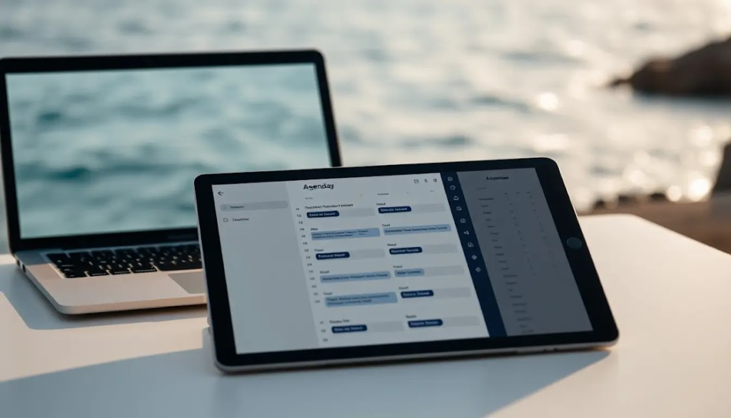 Uma agenda digital aberta em um tablet ao lado de um laptop, com o mar ao fundo, simbolizando planejamento e equilíbrio entre trabalho e lazer.