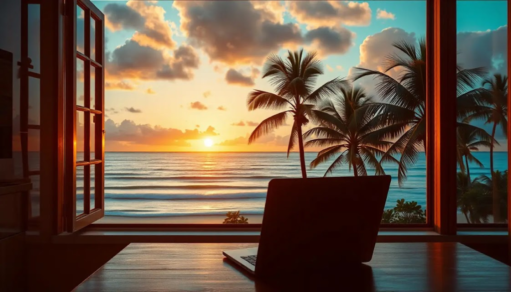 Uma janela aberta com vista para o mar, palmeiras e um pôr do sol, com um laptop sobre a mesa em primeiro plano, representando equilíbrio entre trabalho e vida tropical.
