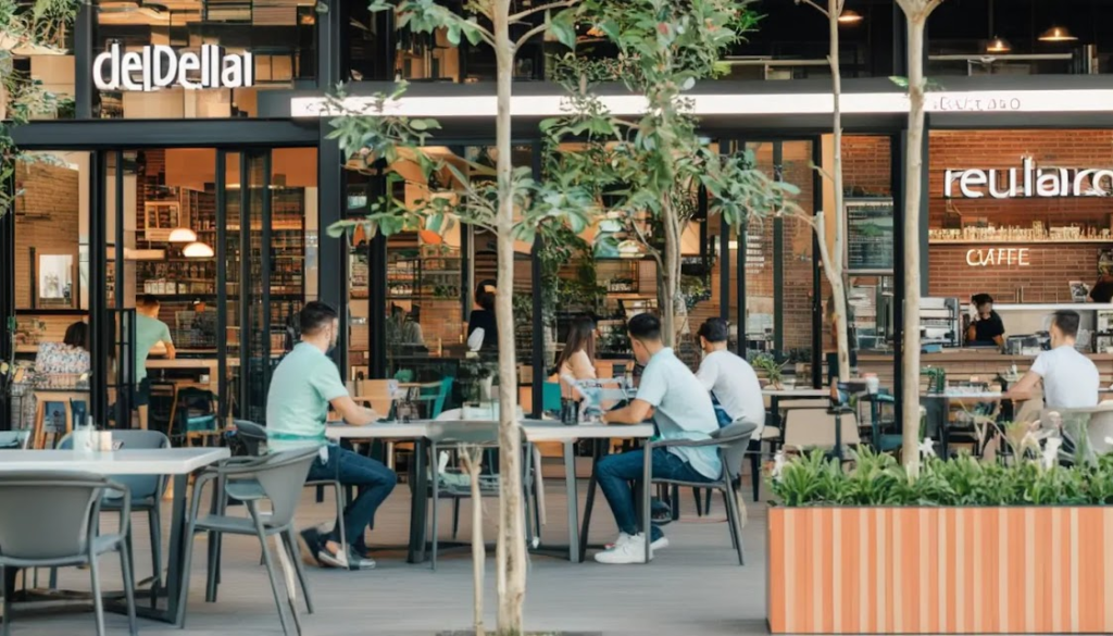 Vista urbana de Medellín com o bairro El Poblado em destaque, mostrando cafés modernos e espaços de coworking.
