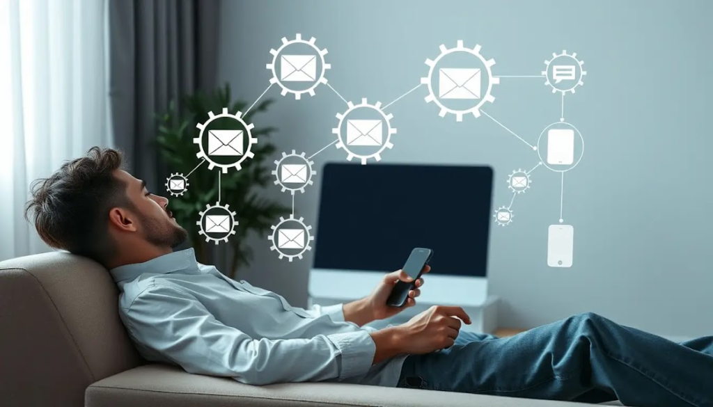 Como Automatizar Tarefas Diárias e Ganhar Tempo com Ferramentas Inteligentes 3 Uma cena minimalista mostrando uma pessoa relaxando enquanto seu computador e smartphone realizam tarefas automaticamente, representadas por engrenagens digitais e fluxos de trabalho conectando e-mails, calendário e notificações