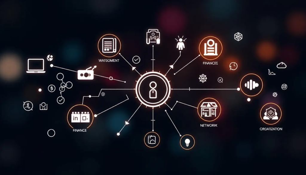 Como Automatizar Tarefas Diárias e Ganhar Tempo com Ferramentas Inteligentes 4 Uma representação visual de diferentes áreas beneficiadas pela automação, com ícones representando trabalho, finanças, redes sociais e organização pessoal, conectados por linhas digitais simbolizando integração.