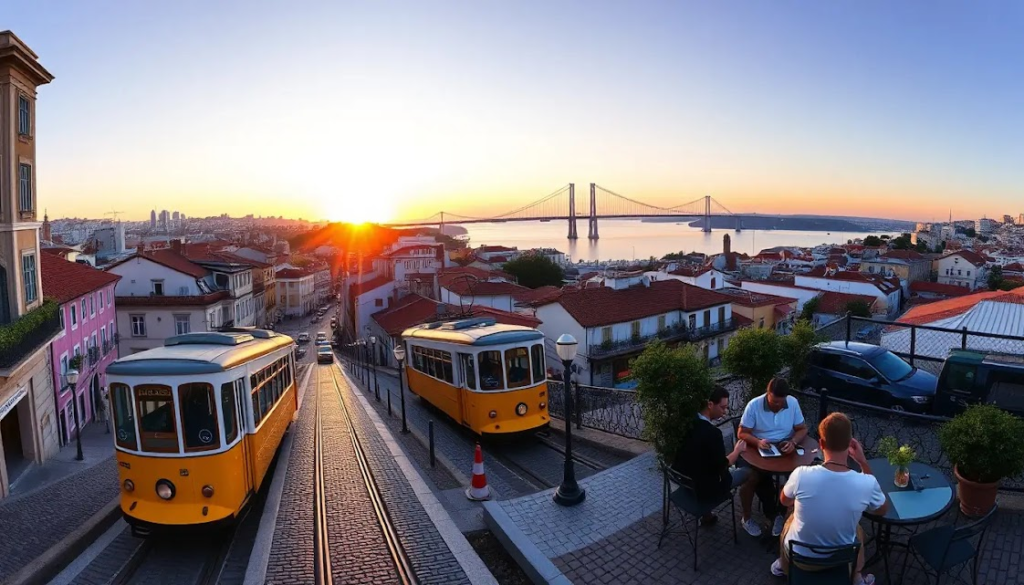 Uma vista panorâmica de Lisboa ao pôr do sol, mostrando as charmosas ruas de paralelepípedos, os tradicionais bondes amarelos e pessoas trabalhando em laptops em uma cafeteria ao ar livre. No fundo, o Rio Tejo e a icônica Ponte 25 de Abril.