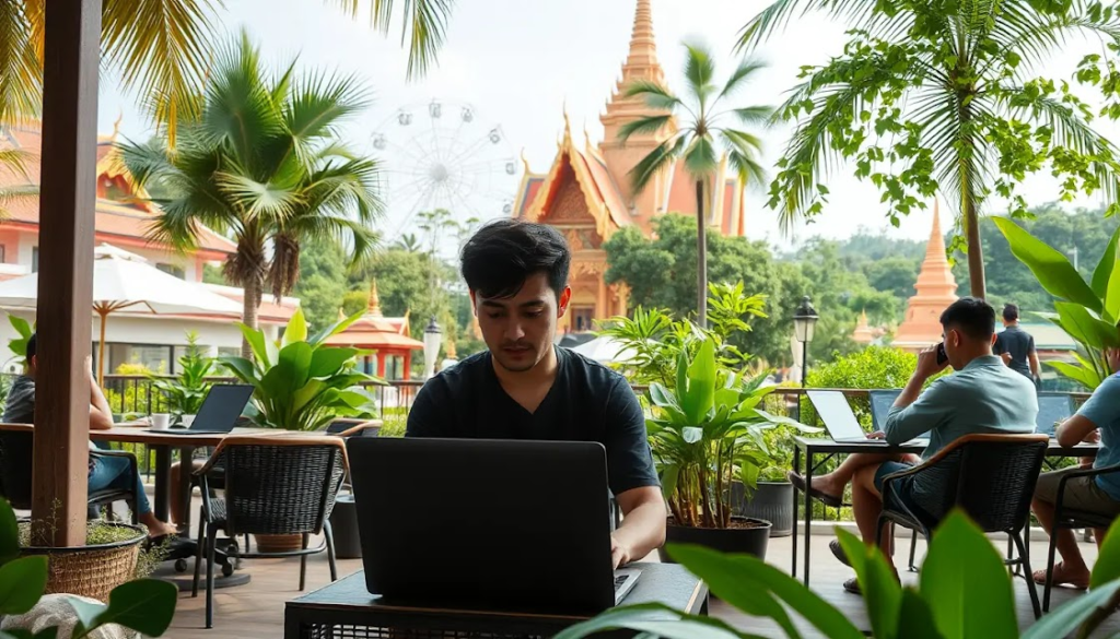 Uma cena tranquila em Chiang Mai, com um nômade digital sentado em um coworking ao ar livre cercado por vegetação tropical e templos budistas ao fundo. Ele está concentrado em seu laptop, enquanto outros profissionais trabalham ao redor em um ambiente harmonioso e relaxante.