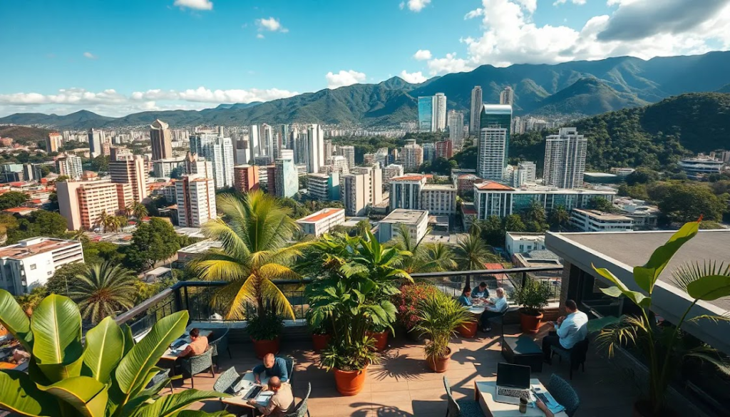 Uma vista aérea de Medellín com seu cenário montanhoso e prédios modernos. Em primeiro plano, um espaço de coworking ao ar livre com pessoas trabalhando em laptops, cercados por plantas tropicais e um clima ensolarado.