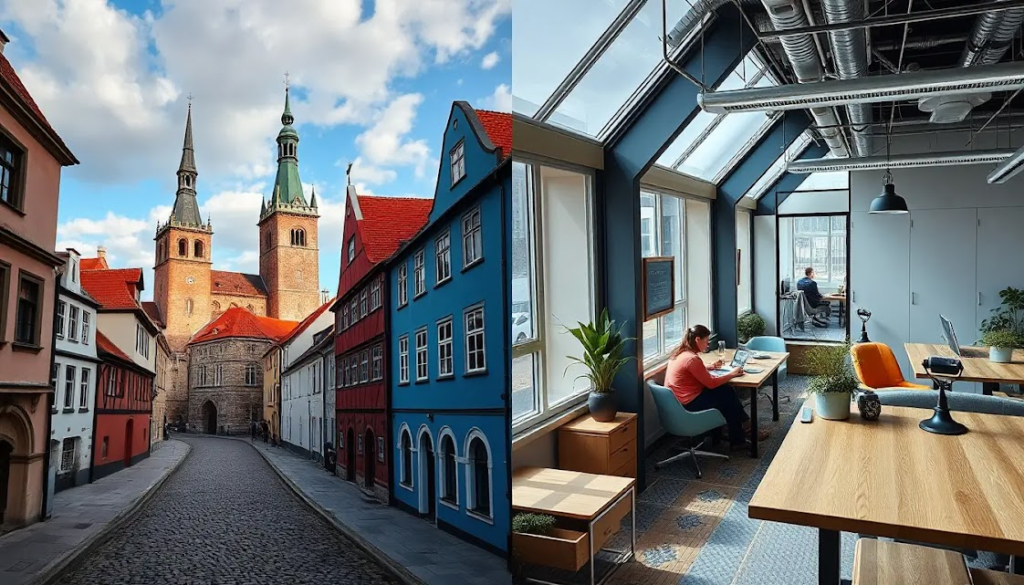 Uma fusão de passado e futuro em Tallinn: à esquerda, um centro histórico com torres medievais e ruas de pedra; à direita, um espaço de coworking moderno com tecnologia de ponta e nômades digitais trabalhando. A cena combina inovação e tradição.