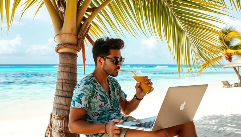 Um nômade digital trabalhando em um laptop sob uma palmeira em uma praia paradisíaca de Playa del Carmen. O mar azul cristalino ao fundo, enquanto ele toma um smoothie refrescante e revisa projetos no computador.