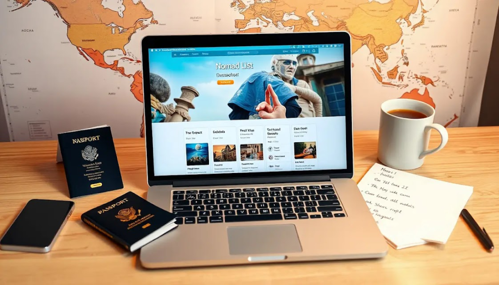 Uma mesa de trabalho digital com um laptop aberto exibindo a plataforma 'Nomad List'. Ao lado, um passaporte, um bloco de anotações com listas de prós e contras e um café quente. No fundo, um mapa-múndi com destinos marcados.